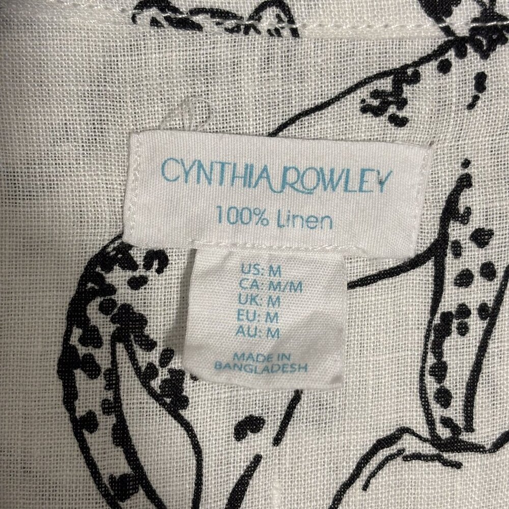 Cynthia Rowley 100% Linen Button-Up White Shirt With Black Animal Print - Picture 3 of 7